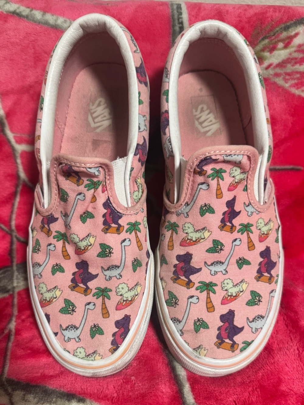 Vans Kids Pink Slip-On Sneakers with Dino Print